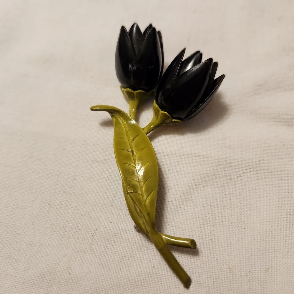 Vintage Double Black Tulip Brooch